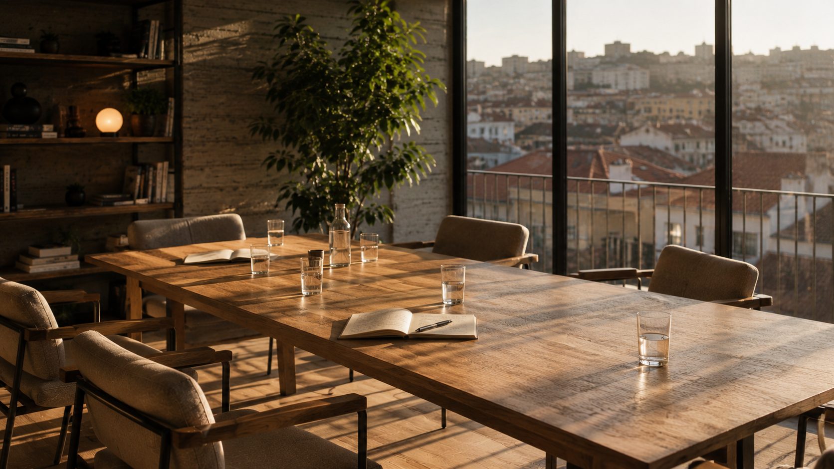 Sala de reunião vazia, cadeiras afastadas, luz de fim de tarde.