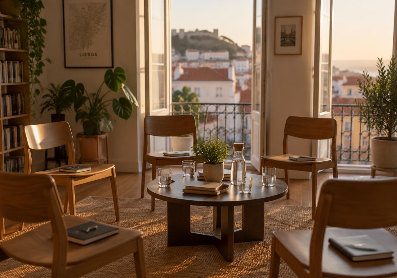 Sala com cadeiras em roda à volta de uma mesa baixa, junto a janelas sobre Lisboa.