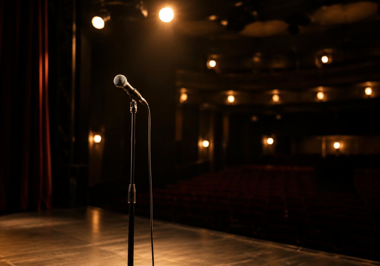 Microfone num palco vazio, iluminado, com a plateia às escuras.